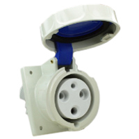 Pin and Sleeve Receptacle Outlet Devices 888-569306 IEC 60309 Panel Mount Receptacle Angled Type, IP67 Rated, 60A 250V, 63A 200-250V, 6H, IEC 309 International Pin and Sleeve Devices